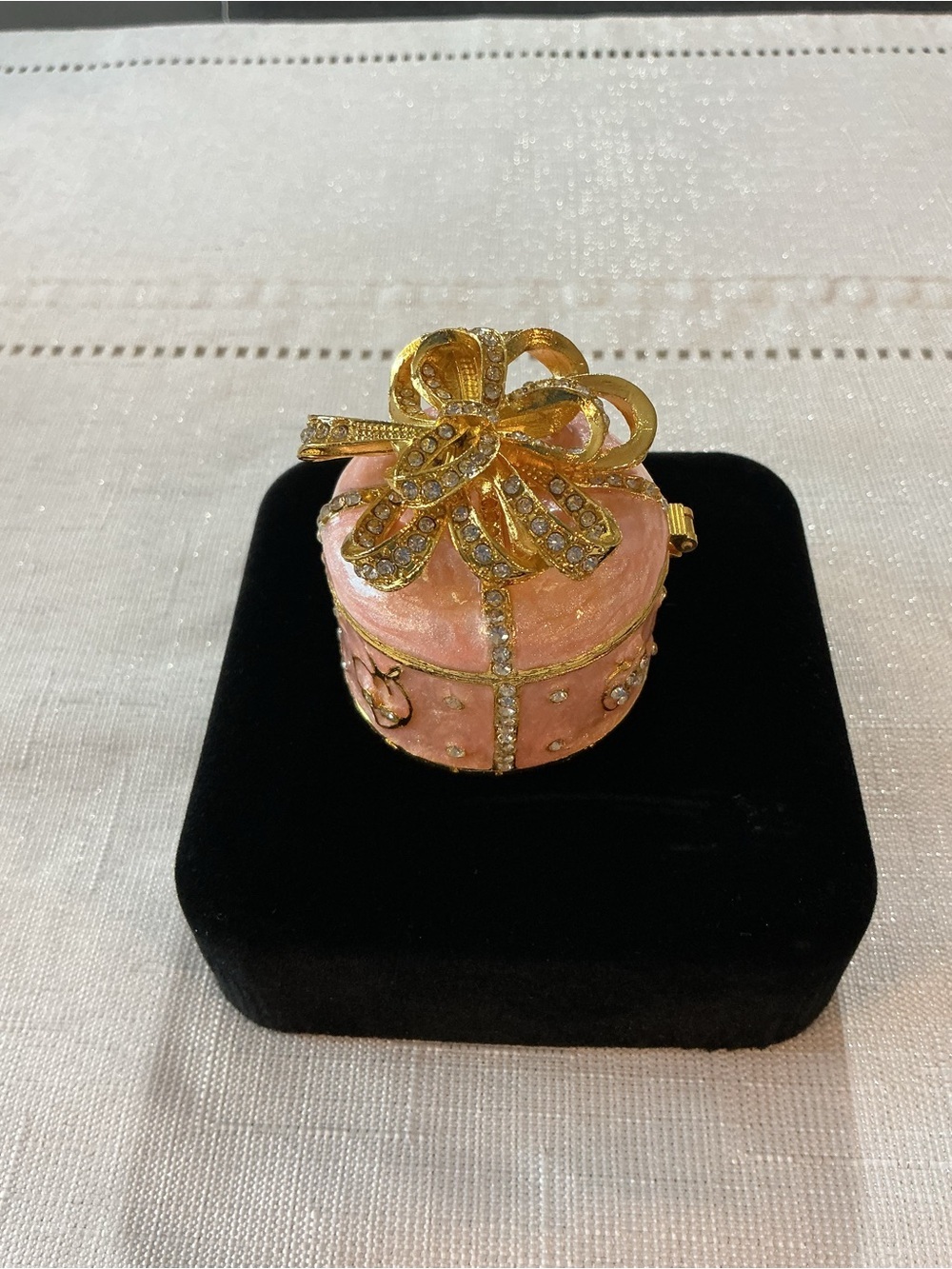 Pink Enamel And Rhinestone Vintage Style Gold Tone Mini Trinket Box